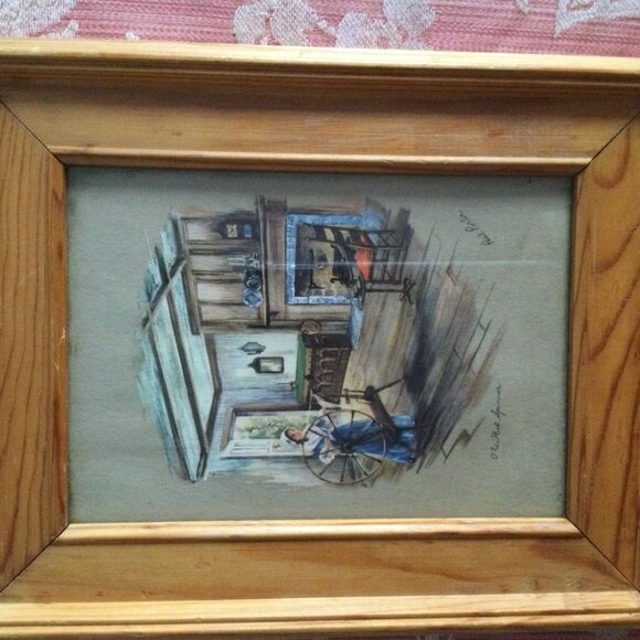 Vintage print "The wool spinner" Paul Parker solid wood frame small wall decor - Picture 4 of 5